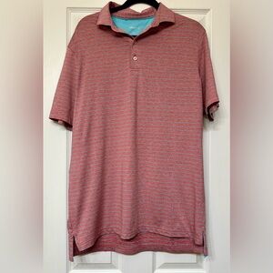 Johnnie O Newton Mens Polo Shirt M Coral Blue Striped Short Sleeve Slits Logo